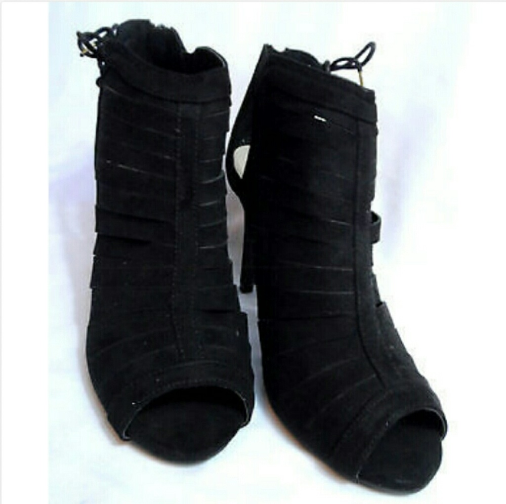 QUPID Bootie Stilleto High Heels Spiked Heel Black Zipper & Bows Velvet Slashed - Picture 5 of 7